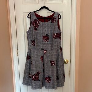 Sleeveless Plaid Fit & Flare Dress with Burgundy Rose Print - Roz & Ali